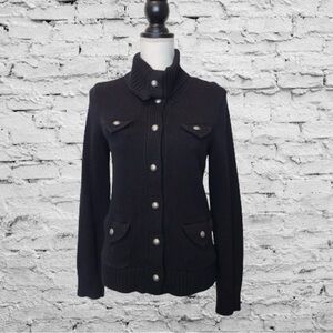 Lauren Ralph Lauren Button Up Sweater with Pockets and Mock Turtleneck Black Med